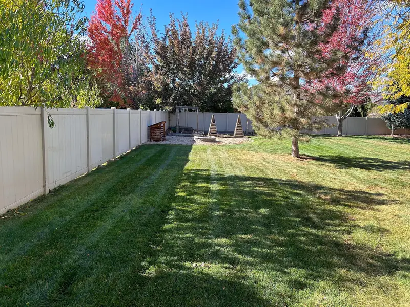 A striped backyard lawn with fall color in the trees